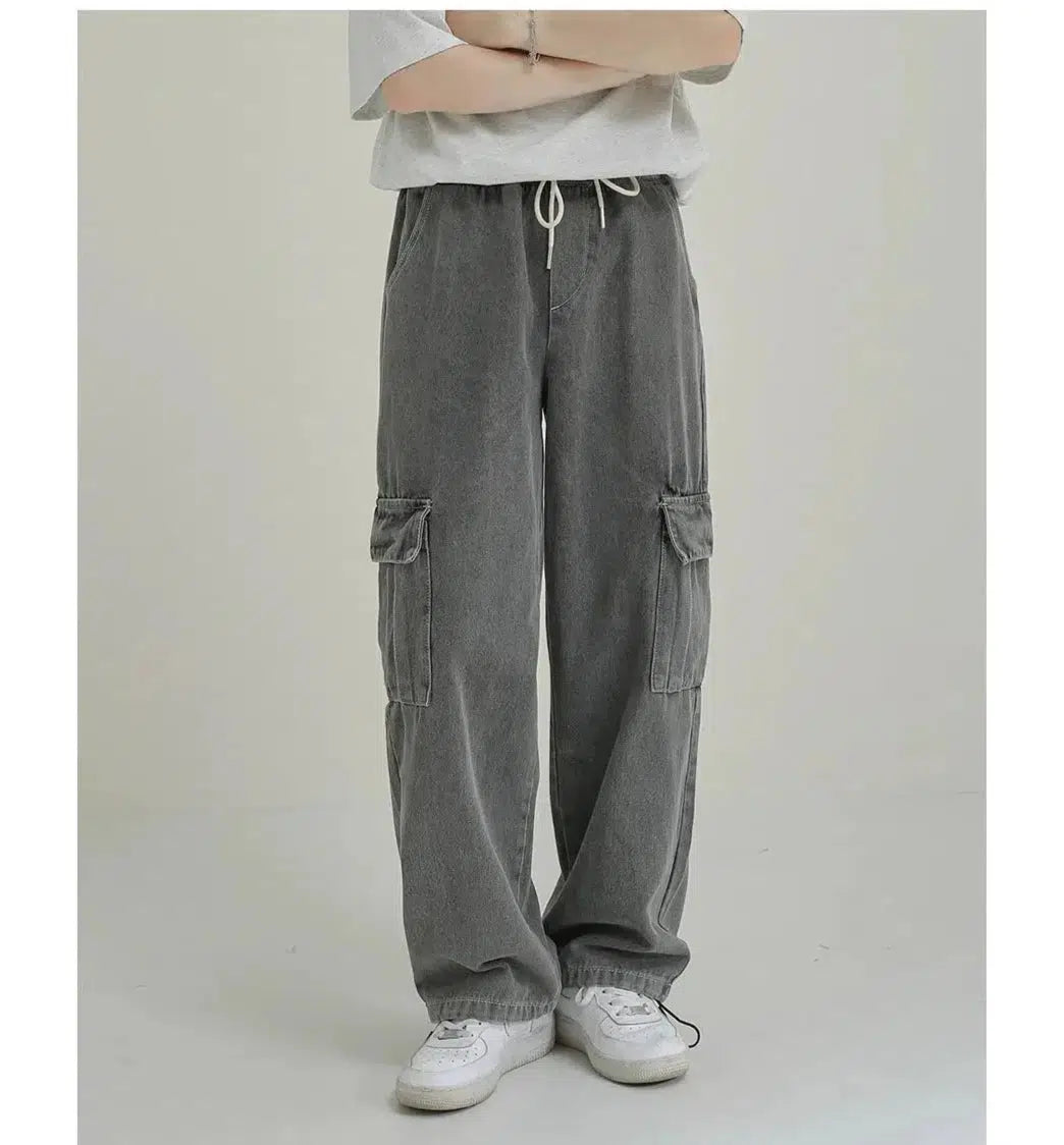 Loose Fit Cargo Jeans with Drawstring Waist