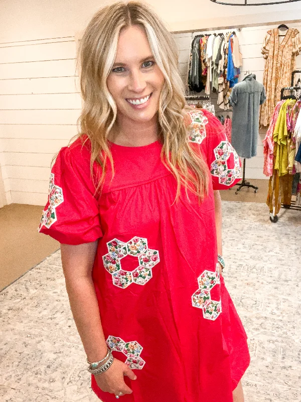 FLOWER PATCH DRESS, RED