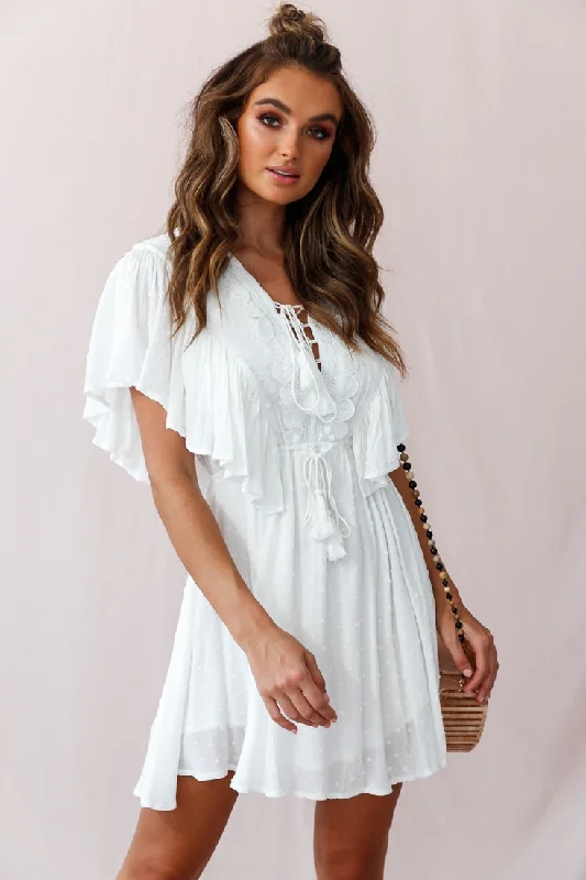 Hazel Crochet And Tassel Detail Drawstring Waist Dress White