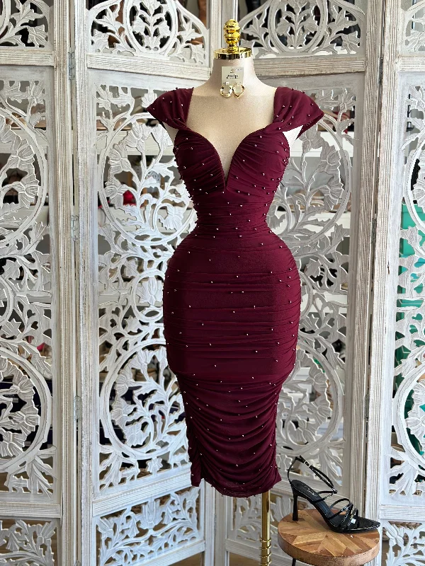 Heartline Burgundy Pearl Midi Dress- Stretchy, Estira