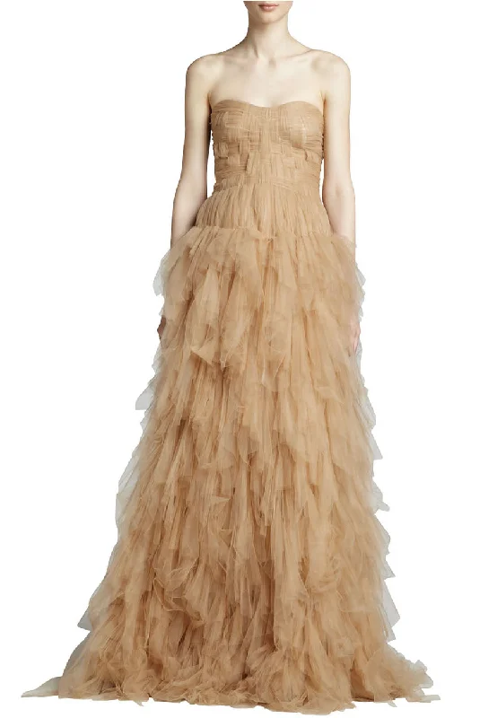 Nude Strapless Layered Tulle Gown