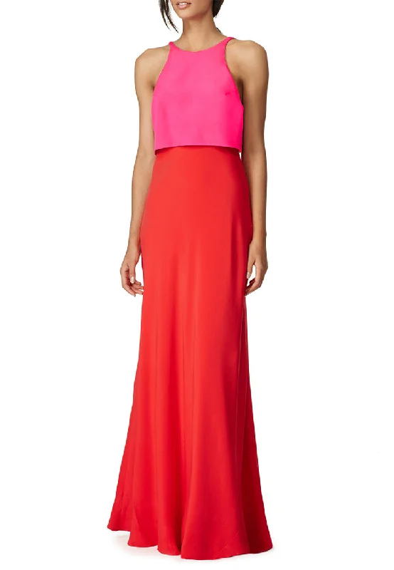 Pink and Red Open Back Colour Block Crepe Gown