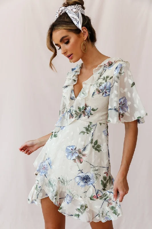 June Angel Sleeve Ruffle Detail Dress Floral Print Beige