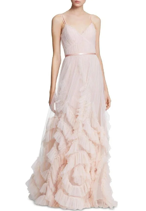 Nude V-Neck Sleeveless Textured Ruffled Tulle Gown