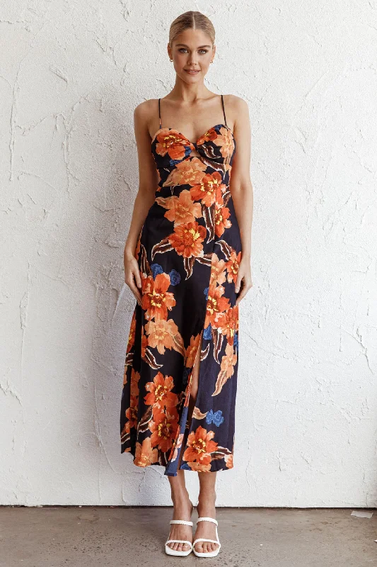 Missoula Cami Strap Padded Bust Midi Dress Flower Orange