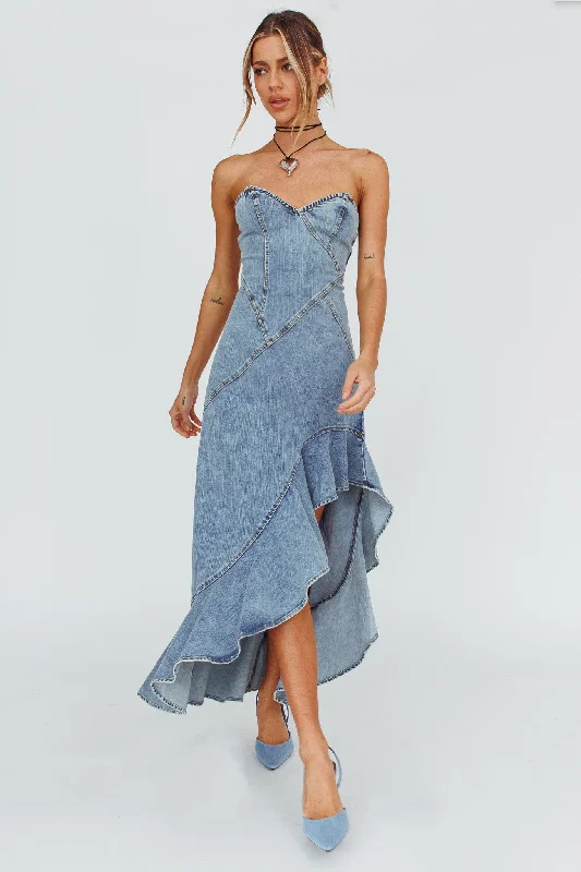 Moon Sweetheart Neckline Ruffle Midi Dress Denim