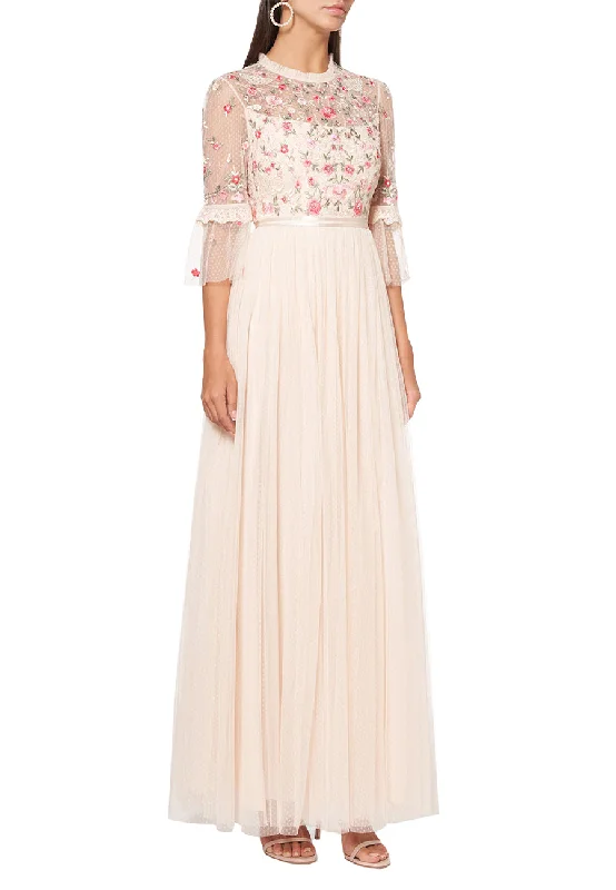 Nude Butterfly Meadow Ruffled Sleeves Tulle Gown