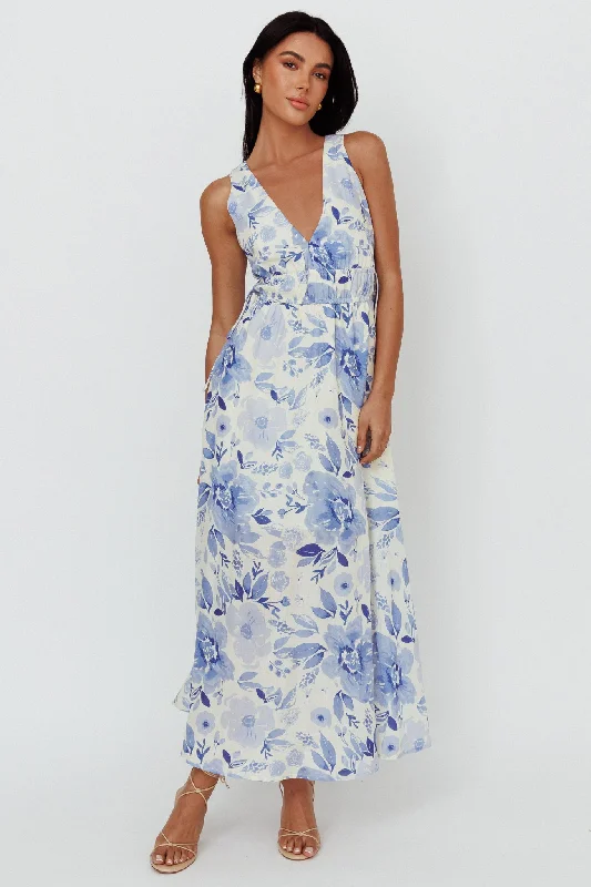 Perla V-Neck Drawstring Maxi Dress Floral Blue