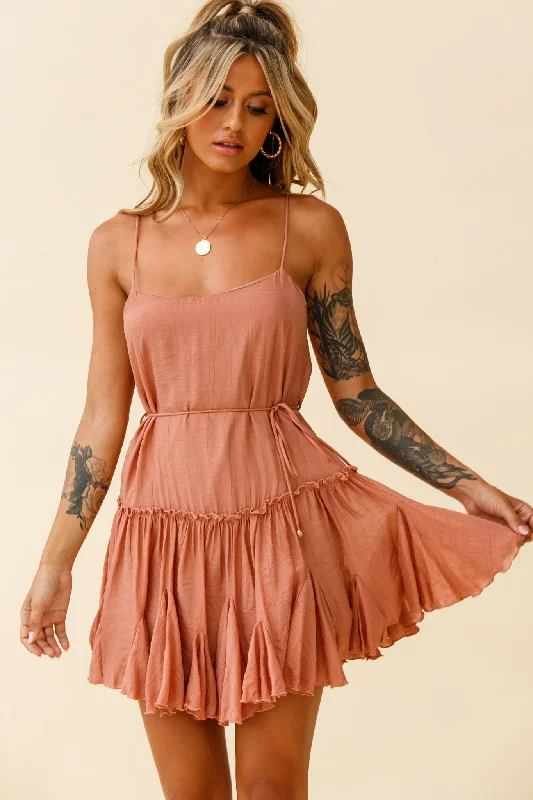 Rosabel Spaghetti Strap Fluted Hem Dress Rose