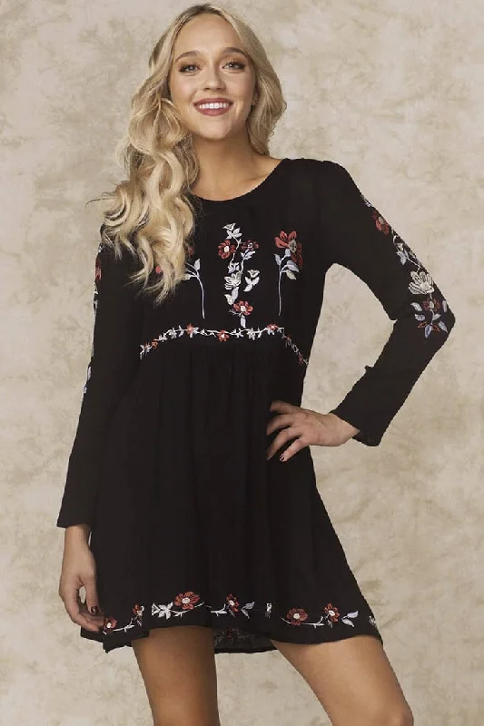 Selena Embroidered Floral Dress Black