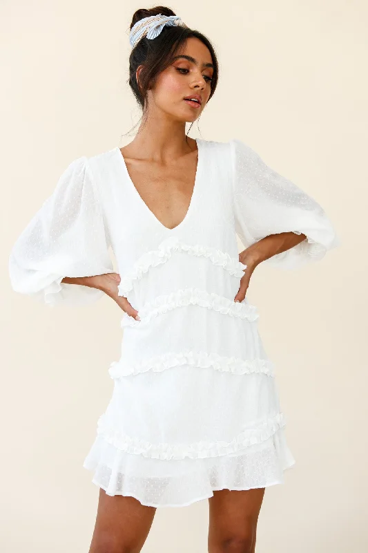 Tabitha Balloon Sleeve Loose Fit Frill Detail Dress White