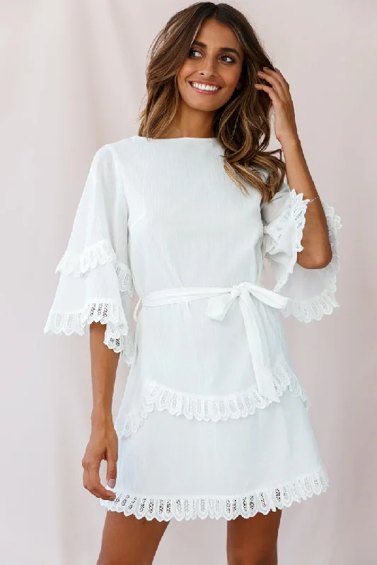 Talitha Waist Tie Lace Trim Dress White