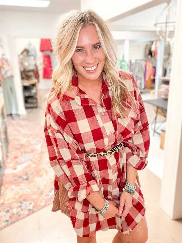 TANNY PLAID TUNIC/DRESS, BOHO RED