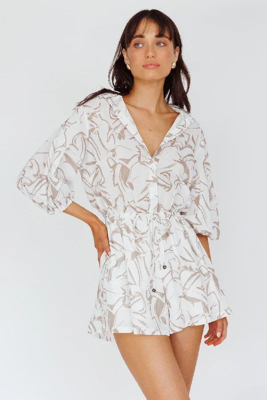 Tiki Puff Sleeve Drawstring Romper Print Beige