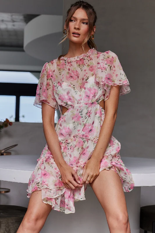 Tres Chic Flutter Sleeve Cut-Out Dress Floral Pink