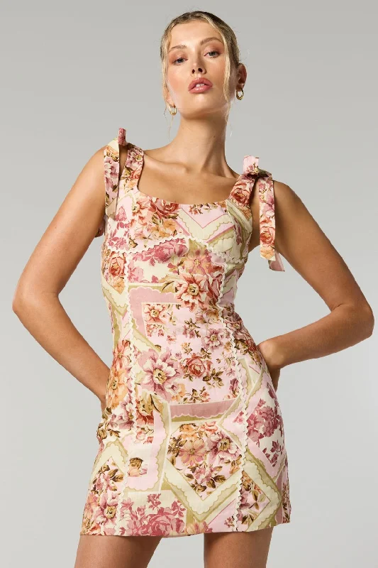 Vaughn Pink Vintage Floral Tie Mini Dress