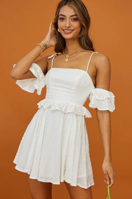 Wayside String Tie Strap Lace Trim Mini Dress White