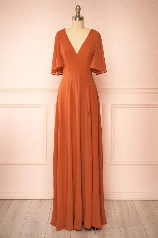 Adelphia Rust | V-neck Chiffon Maxi Dress