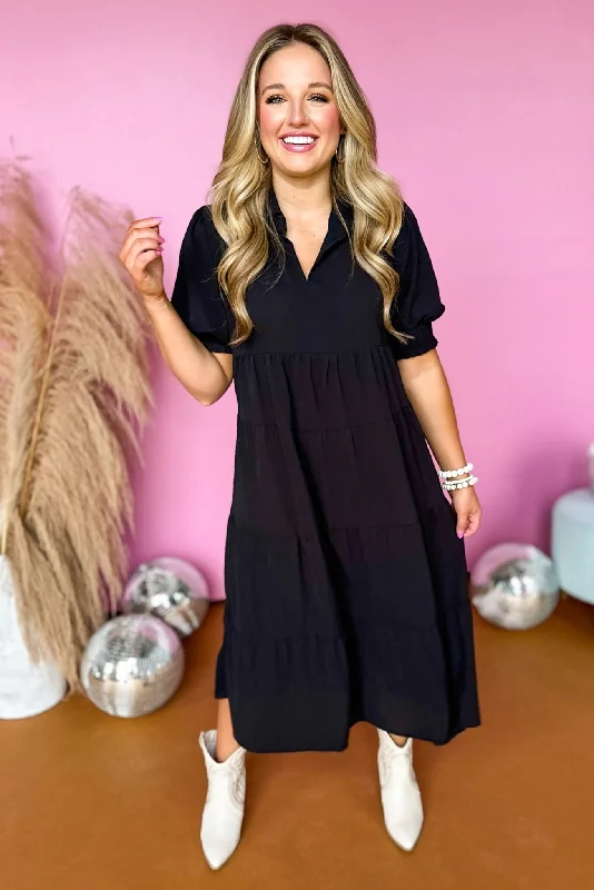 Black Smocked Cuff Short Sleeve Collared Tiered Dress