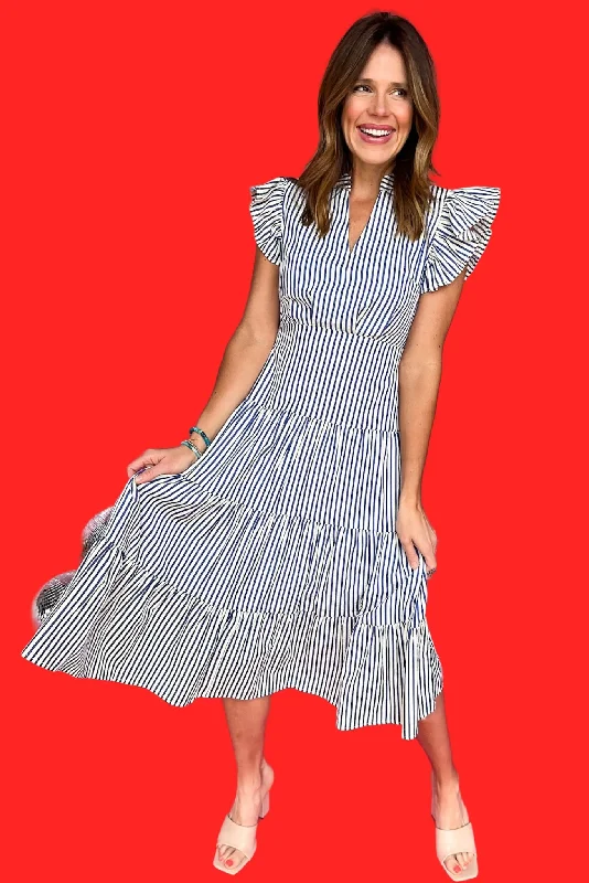 Blue Striped V Neck ruffle Sleeve Tiered Midi Dress