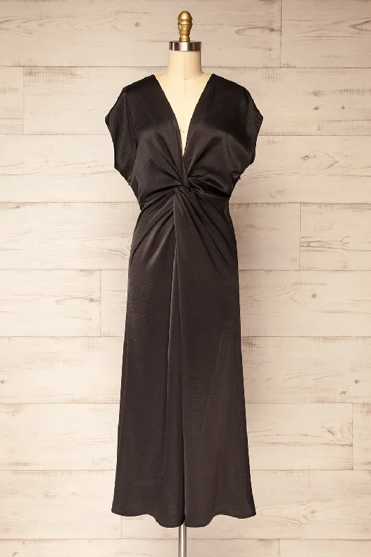 Bossie Black | Long Satin Dress w/ Knot Effect