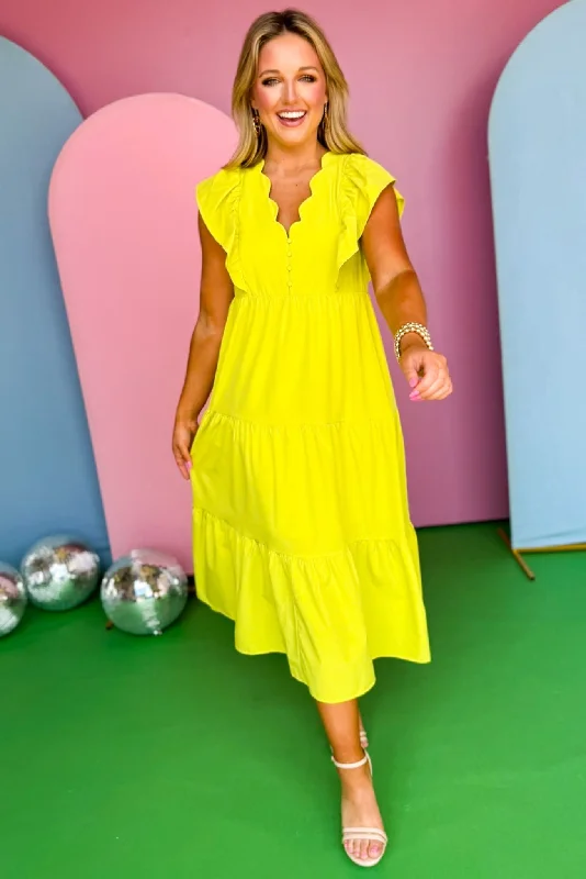 Chartreuse V Scallop Neck Ruffle Short Sleeve Tiered Midi Dress