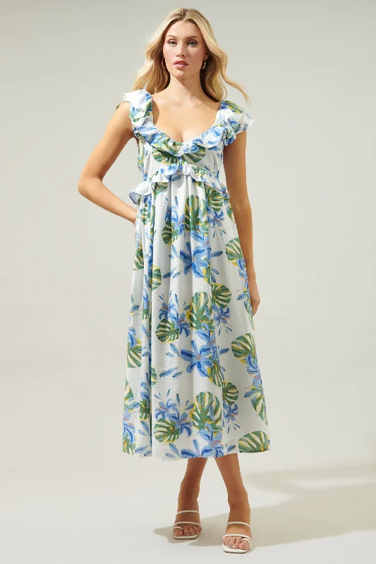 Irie Tropical Lizbeth Ruffle Back Tie Midi Dress