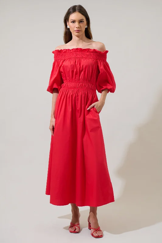 Magna Town Off the Shoulder Midi Dress