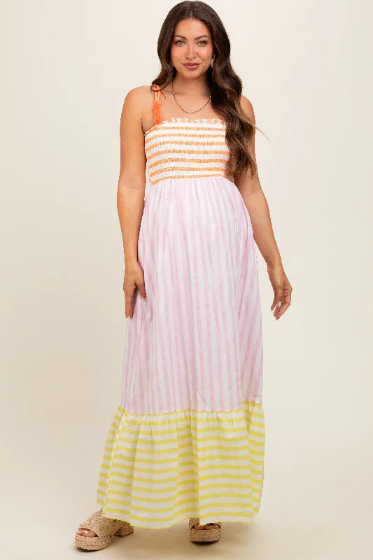 Multi-Color Striped Color Block Shoulder Tie Maternity Maxi Dress