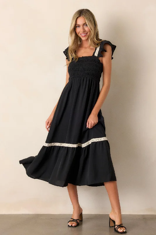 Over the Hills Black Smocked Midi Dress