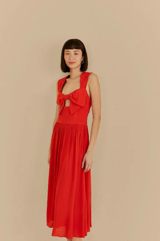 Red Bow Sleeveless Midi Dress