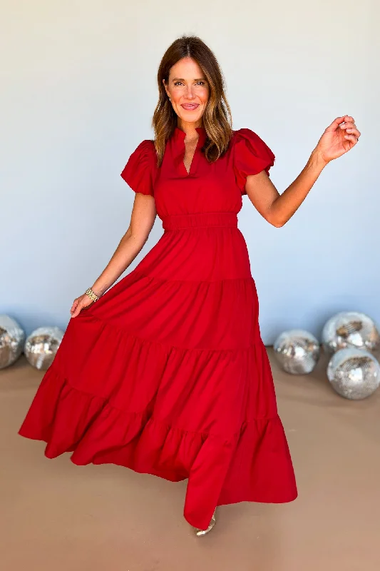 Red Split Neck Puff Short Sleeve Tiered Midi Dress