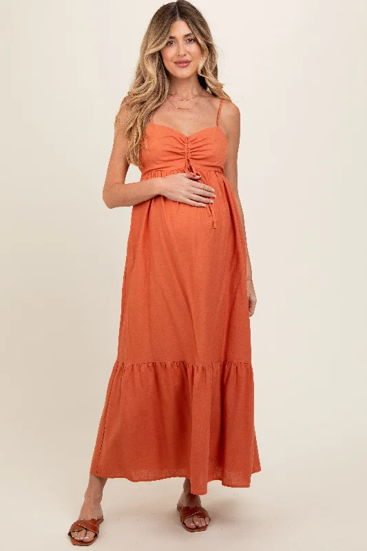 Rust Linen Front Cinch Maternity Midi Dress