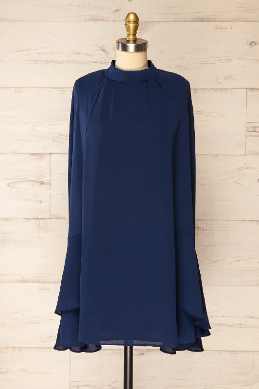 Shelby | Short Navy Chiffon Dress w/ Cape