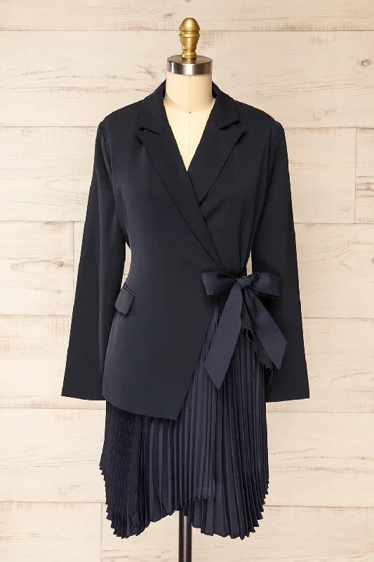 Surrey | Asymmetrical Navy Pleated Blazer Dress