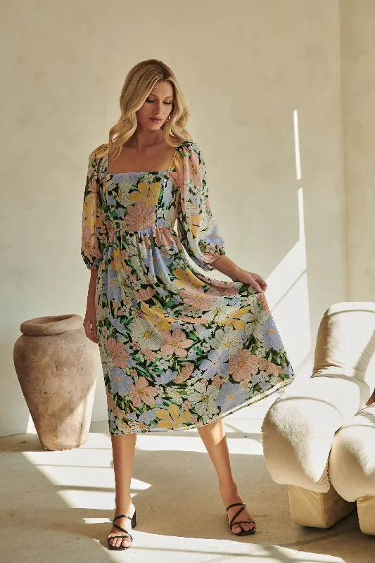 Topanga Floral Amaretto Puff Sleeve Midi Dress