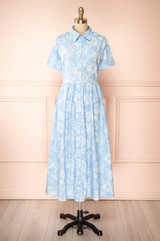 Victoire Blue | Buttoned Midi Shirt Dress w/ Floral Pattern