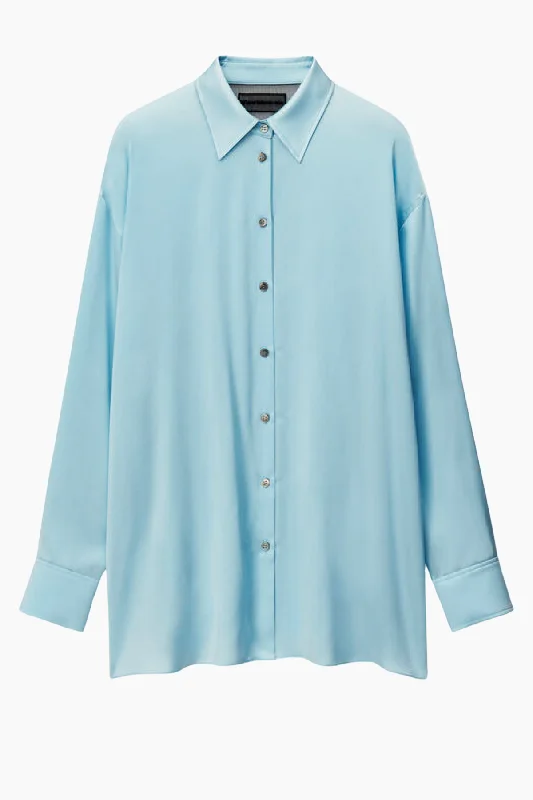 Alexander Wang Oversized Silk Shirt with Logo Cut Out -Shine Blue