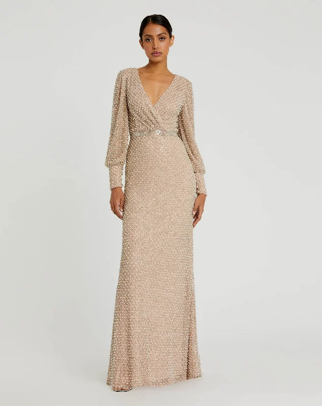 Wrap Over Bishop Sleeve Gown With Pearl Beading