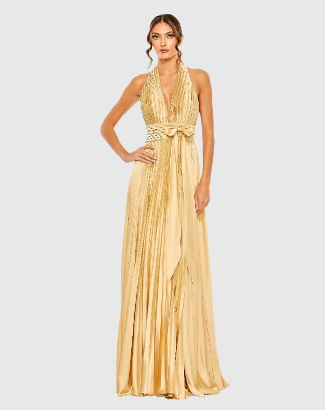 Gold Pleated Halter Neck Gown with Center Bow