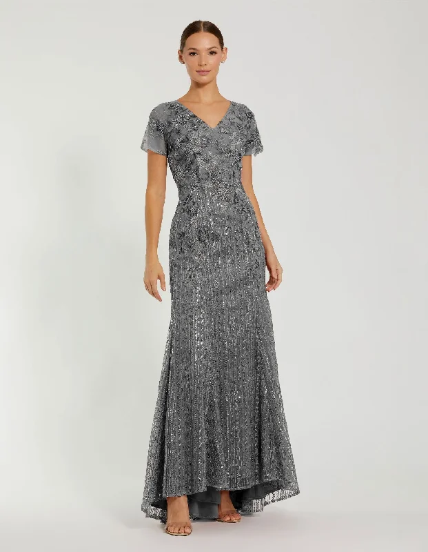 Embellished V Neck Cap Sleeve Trumpet Gown