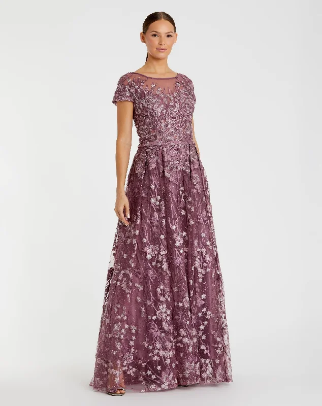 Embellished Floral Cap Sleeve A Line Gown