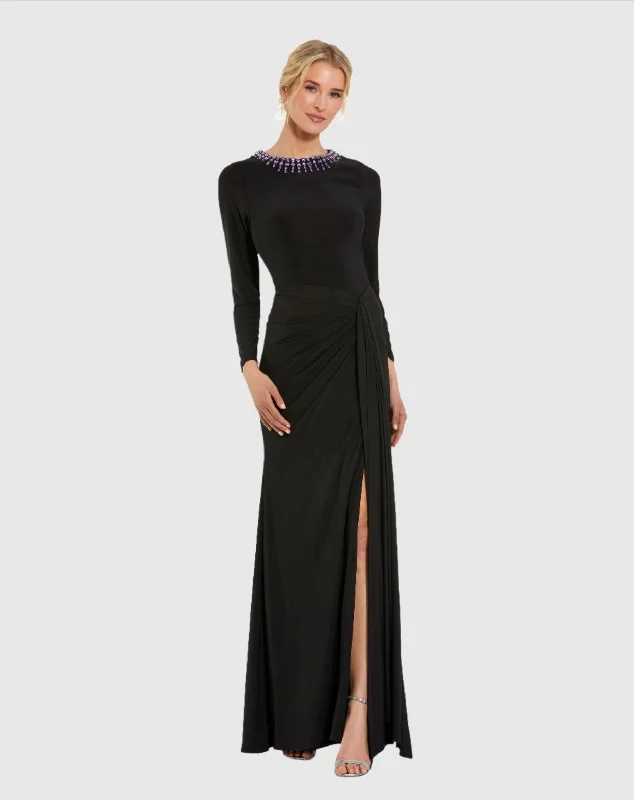 Black Long Sleeve Jersey Ruched Gown With Beaded Neck