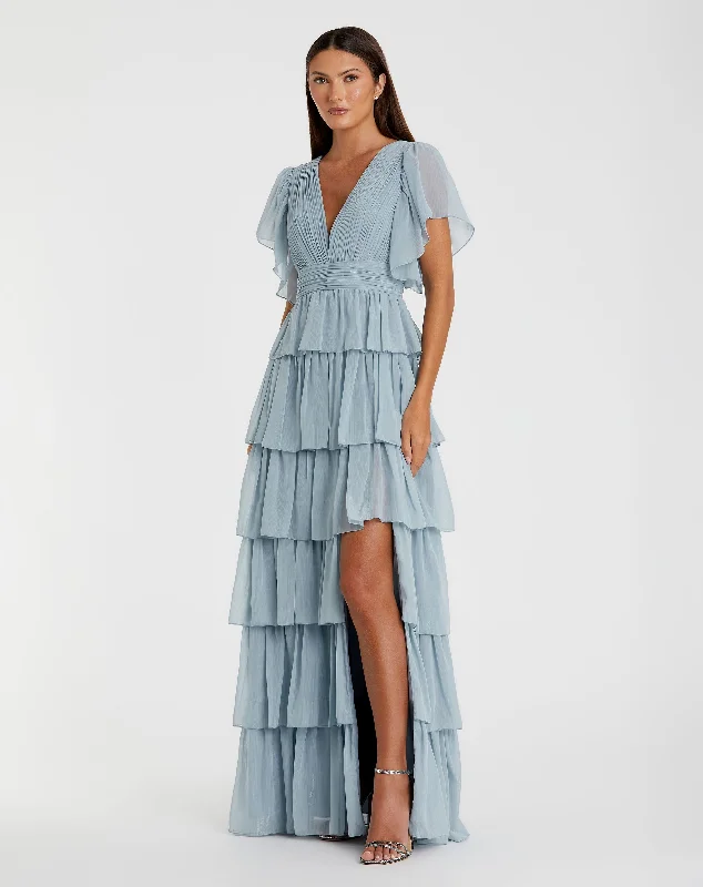 Blue Flutter Sleeve Ruffle Tiered Gown