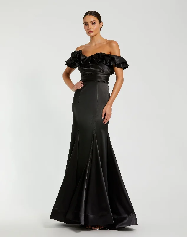 Black Satin Ruffle Off the Shoulder Mermaid Gown