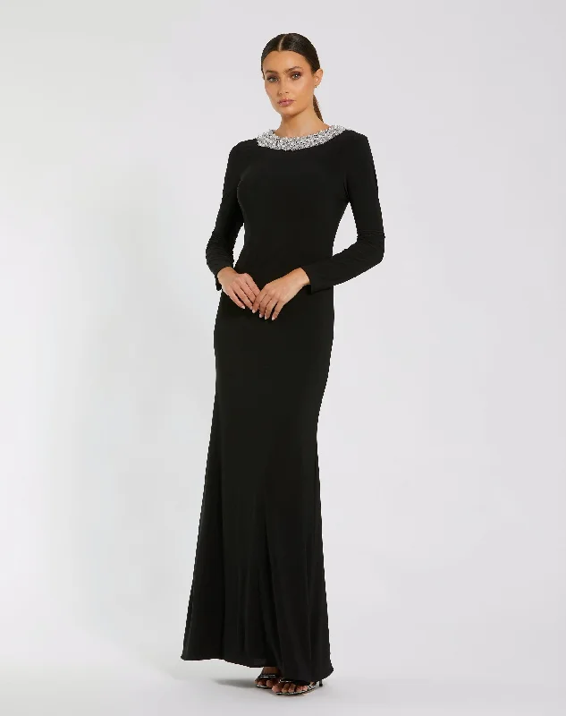 Jersey Long Sleeve Fitted Gown With Beaded Neck