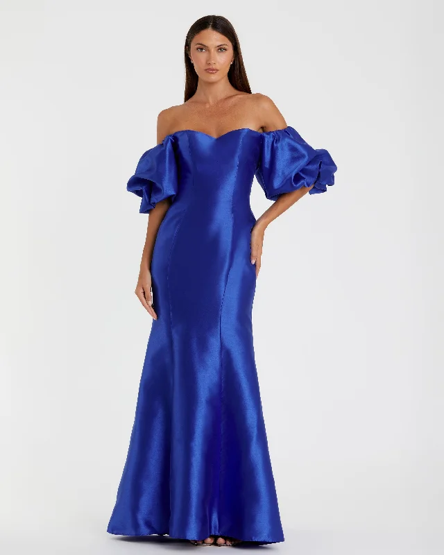 Blue Sweetheart Off The Shoulder Puff Sleeve Gown