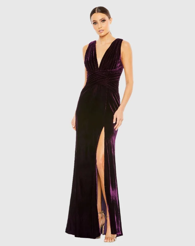 Purple Velvet Pleated Sleeveless Plunge Neckline Gown