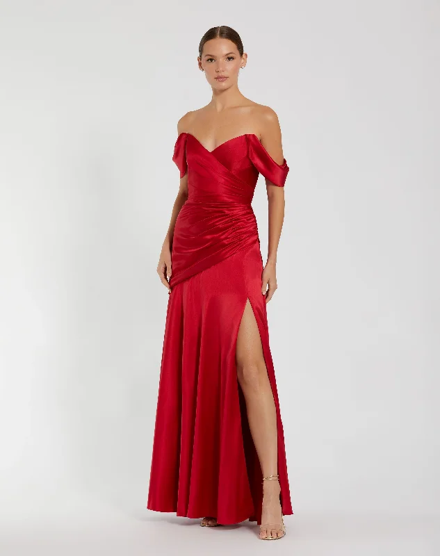 Hard Satin Off The Shoulder Crossover Gown