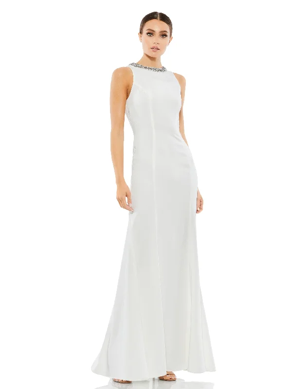 White Embellished Neck Trumpet Gown